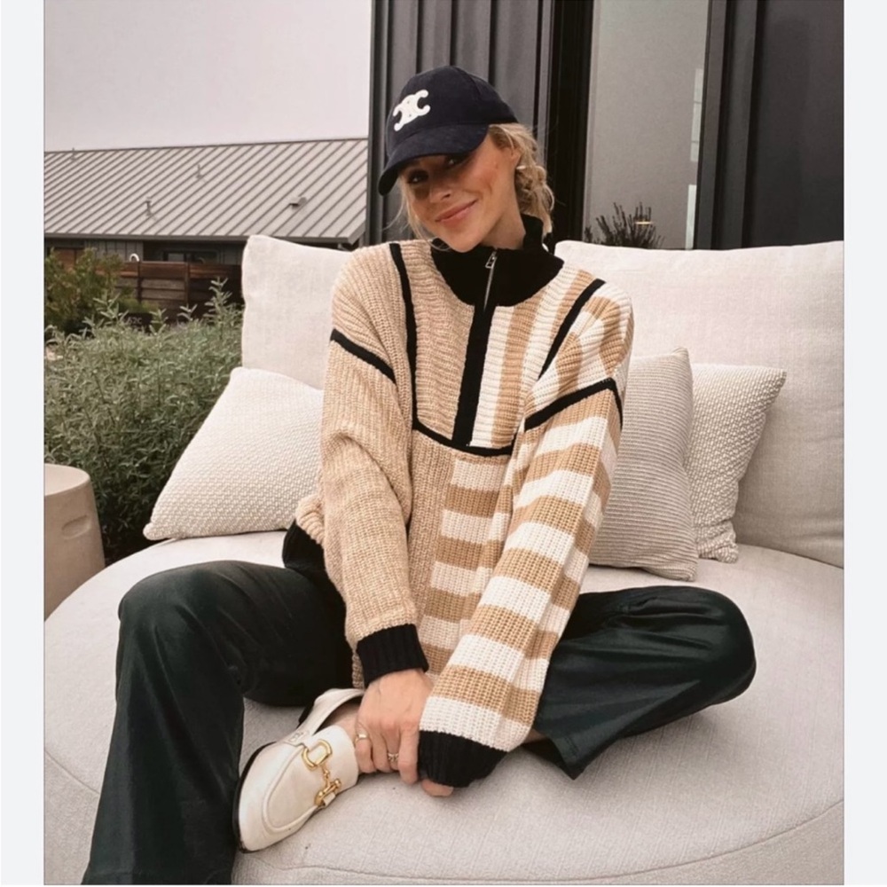 STAUD Beige and Black Striped Turtleneck Sweater